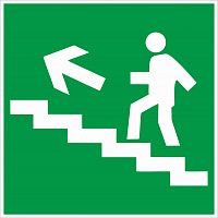 Табличка "Направление к эвакуационному выходу по лестнице вверх налево" E16